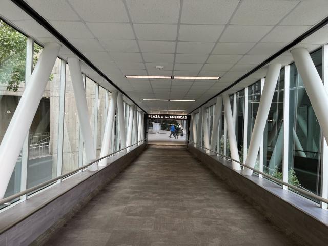 Entrance to Plaza of the Americas from a walkway above ground which is well lit with natural light from the windows on each side