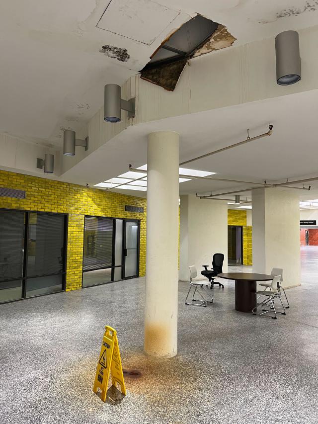 A leaking ceiling, which looks to have been leaking for some time. A horrible brown stain is shown on the floor.
