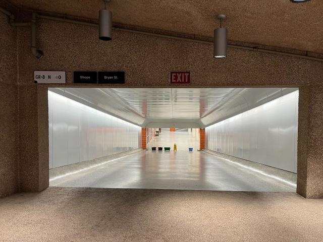 An emergency exit sign points to a downwards sloping hallway, filled with buckets catching a leak at one end