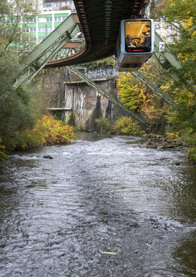 A suspended blue carriage hanging from a green track over a river with green trees on either side.